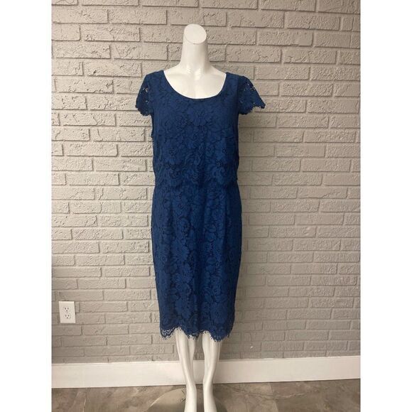 Jacques Vert Collection Navy Floral Lace Overlay Sheath Dress Size 12 - Picture 1 of 10
